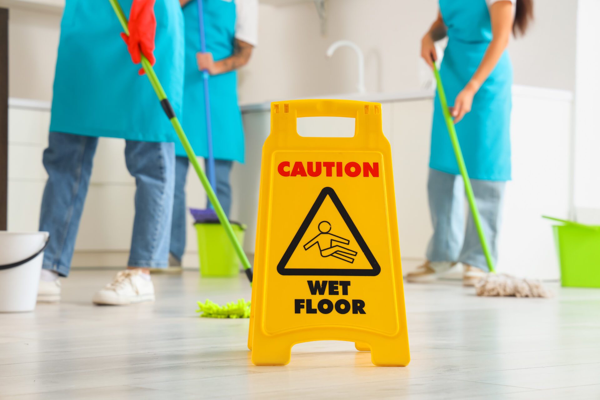 A group of janitors wiping the floor behind a caution sign.